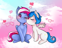 Size: 1000x780 | Tagged: safe, artist:aomisenpai, derpibooru import, oc, oc:gentle winds, oc:steam loco, pegasus, pony, cloud, commission, cute, cutie mark, gay, heart, kiss on the cheek, kissing, male, males only, oc x oc, pegasus oc, shipping, spread wings, wings, ych result
