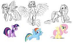 Size: 2576x1539 | Tagged: safe, artist:kawurin, derpibooru import, fluttershy, rainbow dash, twilight sparkle, pegasus, pony, simple background, sketch, sketch dump, white background