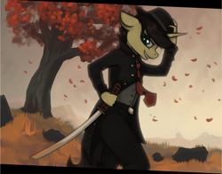 Size: 2270x1779 | Tagged: safe, artist:marsminer, derpibooru import, oc, oc only, oc:keith, anthro, edgy, fedora, hat, katana, leaves, m'lady, solo, sword, tree, weapon