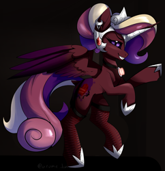 Size: 2317x2396 | Tagged: safe, artist:arume_lux, derpibooru import, princess cadance, alicorn, pony, alternate cutie mark, alternate design, alternate hairstyle, alternate universe, amulet, crown, decadence, ear piercing, earring, female, fishnet stockings, horn, jewelry, mare, nightmare cadance, nightmarified, piercing, regalia, solo, wings