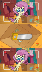 Size: 1280x2160 | Tagged: safe, derpibooru import, edit, edited screencap, editor:tcgamebot, screencap, fluttershy, pegasus, pony, my little pony: pony life, unboxing day, spoiler:pony life s01e30, .mov, alternate cutie mark, animation error, box, camera shot, chainsaw, female, fluttershy's cottage, mare, meme, recording, sad, shed.mov, solo, treehouse logo, wingless