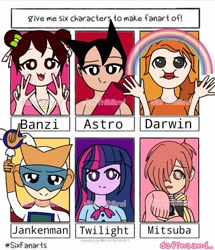 Size: 720x839 | Tagged: safe, artist:dafinaand_, derpibooru import, twilight sparkle, human, equestria girls, :d, :o, astro boy, banzi's secret diary, bust, camera, clothes, crossover, darwin watterson, hair over one eye, humanized, jankenman, male, open mouth, peace sign, rainbow, six fanarts, smiling, the amazing world of gumball, toilet-bound hanako-kun, watermark