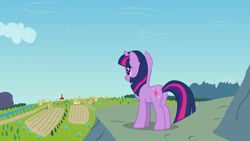 Size: 1920x1080 | Tagged: safe, artist:ursamanner, derpibooru import, twilight sparkle, unicorn twilight, pony, unicorn, cliff, cloud, farm, forest, house, mountain, ponyville, ponyville town hall, railroad, river, road, scenery, show accurate, sky, solo, tree