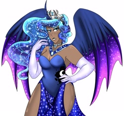 Size: 2534x2372 | Tagged: safe, artist:mscreepyplaguedoctor, derpibooru import, princess luna, human, alicorn humanization, alternate hairstyle, bedroom eyes, breasts, choker, clothes, crown, curved horn, dark skin, dress, ethereal mane, evening gloves, eyeshadow, female, galaxy mane, gloves, horn, horned humanization, humanized, hybrid wings, jewelry, lipstick, long gloves, makeup, regalia, simple background, solo, starry mane, white background, winged humanization, wings