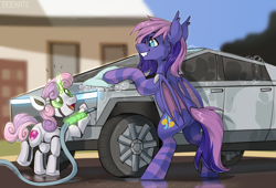 Size: 4713x3200 | Tagged: safe, artist:trickate, derpibooru import, sweetie belle, sweetie bot, oc, oc:bitmaker, bat pony, pony, robot, unicorn, bat pony oc, bat wings, car, clothes, cutie mark, female, glasses, glowing horn, horn, magic, male, telekinesis, tesla cybertruck, the cmc's cutie marks, washing, wings