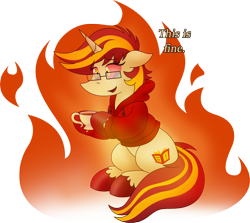 Size: 2038x1816 | Tagged: safe, artist:poseidonathenea, derpibooru import, oc, oc only, oc:page turner, burning, commission, commissioner:reversalmushroom, dialogue, fire, funny, immolation, simple background, solo, text, transparent background