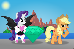 Size: 8847x5882 | Tagged: safe, artist:anime-equestria, derpibooru import, applejack, rarity, earth pony, pony, unicorn, applejack's hat, bat wings, boots, clothes, costume, cowboy hat, crossover, duo, emerald, eyeshadow, female, gem, hat, hooves on hips, island, jewel, makeup, mare, master emerald, mountain, ponytail, rouge the bat, shoes, smiling, sonic the hedgehog (series), standing, wings