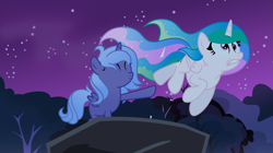 Size: 6195x3465 | Tagged: safe, artist:pumpkinpieforlife, derpibooru import, princess celestia, princess luna, alicorn, pony, sleepless in ponyville, cewestia, female, filly, night, pushing, this will end in a trip to the moon, woona, yeet, younger