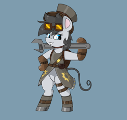 Size: 3056x2884 | Tagged: safe, artist:pencil bolt, derpibooru import, oc, oc only, oc:emile(mouse pony), mouse, mouse pony, pony, bipedal, boots, clothes, female, gloves, hat, shoes, simple background, smiling, solo, steampunk