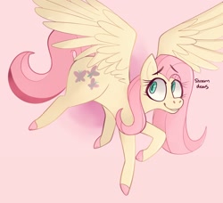 Size: 2048x1869 | Tagged: safe, artist:_shroomdoom_, derpibooru import, fluttershy, pegasus, pony, colored hooves, female, mare, pink background, simple background, smiling, solo