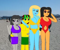 Size: 800x667 | Tagged: safe, artist:trainman3985, derpibooru import, octavia melody, oc, oc:ariel phantom, oc:shine, oc:trainman3985, equestria girls, arm around neck, beach, belly button, big breasts, bikini, breasts, cleavage, clothes, hand on hip, huge breasts, orbtavia, red swimsuit, swimming trunks, swimsuit, yellow swimsuit