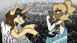 Size: 1280x720 | Tagged: safe, artist:ravenroyal21, derpibooru import, oc, alicorn, human, pony, alicorn oc, clothes, dress, duo, female, gloves, horn, long gloves, unshorn fetlocks, wings