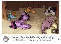 Size: 1590x1136 | Tagged: safe, anonymous artist, derpibooru import, applejack, fluttershy, rainbow dash, rarity, twilight sparkle, earth pony, pegasus, pony, unicorn, /mlp/, butt, cute, drawthread, explicit description, female, horses doing horse things, implied farting, implied snoring, mare, plot, ponified, ponified animal photo, sleeping