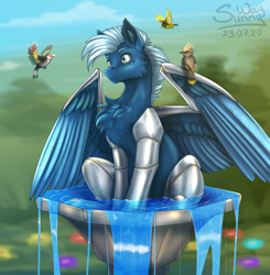 Size: 1000x1022 | Tagged: safe, artist:sunny way, derpibooru import, oc, oc:morning mist, bird, cyborg, pegasus, pony, art, artwork, behaving like a bird, birb, bird wisdom, cute, digital art, feather, funny, if i fits i sits, lol, male, patreon, patreon reward, pony oc, sitting, stallion, water, wings, wisdom