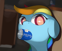 Size: 2520x2070 | Tagged: safe, artist:vultraz, derpibooru import, rainbow dash, pegasus, pony, /mlp/, bust, colored pupils, drawthread, floppy ears, mouth hold, pepsi, ponified, ponified animal photo, portrait, soda, solo