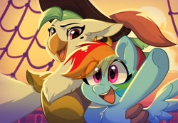 Size: 1731x1200 | Tagged: safe, artist:colorfulcolor233, derpibooru import, captain celaeno, rainbow dash, pegasus, pony, my little pony: the movie, chest fluff, cute, duo, female, hat, mare, open mouth, parrot pirates, pirate, pirate hat, pirate rainbow dash, pirate ship, selfie, smiling
