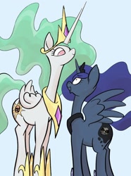 Size: 1969x2652 | Tagged: safe, artist:noupu, derpibooru import, princess celestia, princess luna, alicorn, pony, angry sun, blue background, duo, exploitable meme, female, height difference, long neck, luna is not amused, mare, meme, nope.avi, princess necklestia, royal sisters, simple background, sisters, tall, termina's moon, the legend of zelda, the legend of zelda: majora's mask, unamused