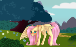 Size: 994x613 | Tagged: safe, artist:xariiann, derpibooru import, fluttershy, pegasus, pony, blushing, colored hooves, covering, female, looking at you, mare, outdoors, shy, solo, spread wings, standing, three quarter view, tree, wing covering, wings, wings down