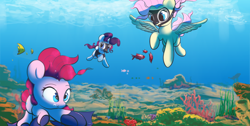 Size: 2420x1218 | Tagged: safe, artist:vultraz, derpibooru import, fluttershy, pinkie pie, rarity, earth pony, fish, pegasus, pony, unicorn, /mlp/, coral, diving, drawthread, requested art, scuba, scuba diving, scuba gear, swimming, underwater