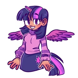 Size: 1280x1280 | Tagged: safe, artist:skylordlysander, derpibooru import, twilight sparkle, twilight sparkle (alicorn), alicorn, human, clothes, cute, cutie mark, cutie mark on clothes, female, horn, horned humanization, humanized, looking at you, simple background, skirt, smiling, solo, sweater, turtleneck, twiabetes, white background, winged humanization, wings