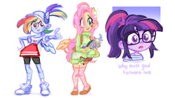 Size: 1280x720 | Tagged: safe, artist:skylordlysander, derpibooru import, discord, fluttershy, rainbow dash, sci-twi, twilight sparkle, equestria girls, bandaid, baseball cap, bust, cap, clothes, converse, discord plushie, female, hat, open mouth, plushie, portrait, pose, shoes, stockings, sweater, sweatershy, thigh highs