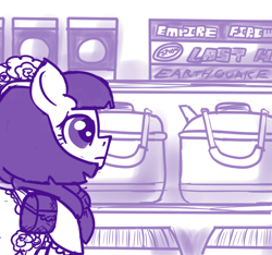 Size: 640x600 | Tagged: safe, artist:ficficponyfic, derpibooru import, part of a set, oc, oc:mulberry telltale, bag, barrel, box, concerned pony, cyoa, cyoa:madness in mournthread, fireworks, flower, hairband, monochrome, neckerchief, shawl, shelf, story included