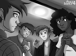 Size: 1380x1020 | Tagged: safe, artist:tf-sential, human, fanfic:five score divided by four, alcohol, fanfic art, female, grayscale, group, male, monochrome