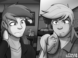 Size: 1380x1020 | Tagged: safe, artist:tf-sential, rainbow dash, human, fanfic:five score divided by four, fanfic art, grayscale, human to pony, male, monochrome, plushie