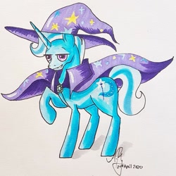 Size: 1021x1021 | Tagged: safe, artist:galaxy.in.mind, derpibooru import, tristan, trixie, pony, unicorn, cape, clothes, hat, male, raised hoof, rule 63, signature, smiling, solo, stallion, traditional art, wizard hat