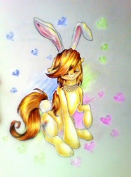 Size: 800x1083 | Tagged: safe, artist:kiwwsplash, derpibooru import, oc, oc only, earth pony, pony, bunny ears, earth pony oc, eyes closed, heart, raised hoof, smiling, solo, traditional art