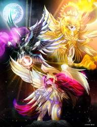 Size: 2160x2828 | Tagged: safe, artist:zidanemina, derpibooru import, daybreaker, nightmare moon, princess celestia, princess luna, alicorn, pony, anime, armor, crossover, high res, saint seiya