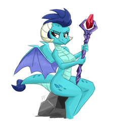 Size: 1500x1650 | Tagged: safe, artist:flutterthrash, derpibooru import, princess ember, anthro, dragon, bloodstone scepter, dragoness, female, simple background, sitting, solo, solo female, white background