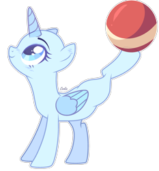 Size: 2092x2248 | Tagged: safe, artist:lazuli, derpibooru import, oc, oc only, alicorn, pony, alicorn oc, bald, ball, base, buckball, eyelashes, horn, looking up, raised leg, simple background, smiling, solo, transparent background, wings