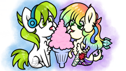 Size: 960x540 | Tagged: safe, artist:silentwolf-oficial, derpibooru import, oc, oc only, earth pony, pegasus, pony, chest fluff, earth pony oc, headphones, micro, milkshake, multicolored hair, pegasus oc, rainbow hair, raised hoof, sharing a drink, simple background, transparent background, wings