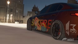 Size: 1920x1080 | Tagged: safe, derpibooru import, sunset shimmer, unicorn, alfa romeo, alfa romeo giulia, alfa romeo giulia quadrifoglio, car, clothes, forza horizon, forza horizon 4, game screencap, snow, socks