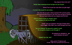 Size: 1600x1000 | Tagged: safe, artist:firestarter, derpibooru import, limestone pie, earth pony, pony, angry, dialogue, implied pinkie pie, looking at you, mud, offscreen character, rain, skate park, sketch, solo, stuck, teasing, wet, wet mane