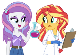 Size: 1024x743 | Tagged: safe, artist:emeraldblast63, derpibooru import, potion nova, sunset shimmer, equestria girls, bare shoulders, clothes, equestria girls-ified, g4.5 to g4, lab coat, potion, redesign, simple background, sleeveless, strapless, transparent background