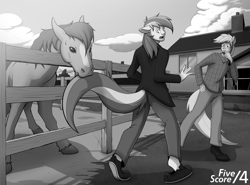 Size: 1380x1020 | Tagged: safe, artist:tf-sential, horse, human, fanfic:five score divided by four, biting, fanfic art, fence, grayscale, human to pony, male, monochrome, tail