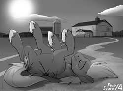 Size: 1380x1020 | Tagged: safe, artist:tf-sential, big macintosh, rainbow dash, earth pony, pegasus, pony, fanfic:five score divided by four, eyes closed, fanfic art, grayscale, horses doing horse things, monochrome, on back