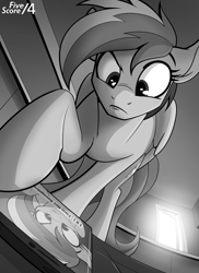 Size: 1380x1898 | Tagged: safe, artist:tf-sential, rainbow dash, pegasus, pony, fanfic:five score divided by four, annoyed, cellphone, confused, fanfic art, grayscale, monochrome, phone, smartphone, solo