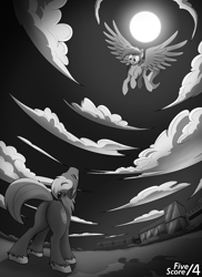 Size: 1520x2090 | Tagged: safe, artist:tf-sential, big macintosh, rainbow dash, earth pony, pegasus, pony, fanfic:five score divided by four, cloud, fanfic art, flying, full moon, grayscale, monochrome, moon, night, scenery, spread wings, wings