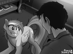Size: 1380x1020 | Tagged: safe, artist:tf-sential, rainbow dash, human, pegasus, pony, fanfic:five score divided by four, fanfic art, frazzled, grayscale, grin, messy mane, monochrome, smiling
