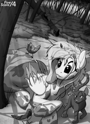 Size: 1520x2090 | Tagged: safe, artist:tf-sential, fluttershy, bird, cat, pegasus, pony, fanfic:five score divided by four, crepuscular rays, fanfic art, female, forest, grayscale, monochrome, outdoors, prone, scenery, solo