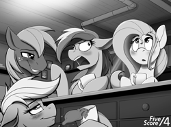 Size: 1380x1020 | Tagged: safe, artist:tf-sential, applejack, big macintosh, fluttershy, rainbow dash, earth pony, pegasus, pony, fanfic:five score divided by four, blushing, drunk, fanfic art, female, floppy ears, grayscale, grin, group, looking up, male, monochrome, open mouth, smiling