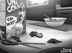 Size: 1380x1020 | Tagged: safe, artist:tf-sential, twilight sparkle, unicorn, fanfic:five score divided by four, cereal, cereal box, fanfic art, food, grayscale, hair, monochrome, scissors, still life