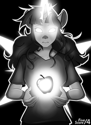 Size: 1520x2090 | Tagged: safe, artist:tf-sential, twilight sparkle, human, fanfic:five score divided by four, apple, fanfic art, female, flowing mane, glowing eyes, glowing horn, grayscale, human to pony, magic, monochrome, solo