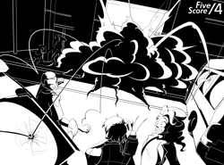 Size: 1380x1020 | Tagged: safe, artist:tf-sential, human, fanfic:five score divided by four, black and white, car, explosion, fanfic art, grayscale, monochrome, police officer