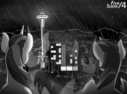 Size: 1380x1020 | Tagged: safe, artist:tf-sential, shining armor, twilight sparkle, twilight sparkle (alicorn), alicorn, pony, unicorn, fanfic:five score divided by four, back, duo, fanfic art, grayscale, monochrome, night, rain, reflection, seattle, spread wings, wings