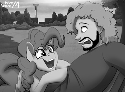 Size: 1380x1020 | Tagged: safe, artist:tf-sential, pinkie pie, shining armor, earth pony, human, pony, unicorn, fanfic:five score divided by four, facehoof, fanfic art, grayscale, monochrome, open mouth