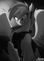 Size: 1380x1898 | Tagged: safe, artist:tf-sential, rainbow dash, human, pegasus, pony, fanfic:five score divided by four, angry, bag, clothes, fanfic art, glare, grayscale, headset, monochrome, saddle bag, solo focus, spread wings, vest, wings